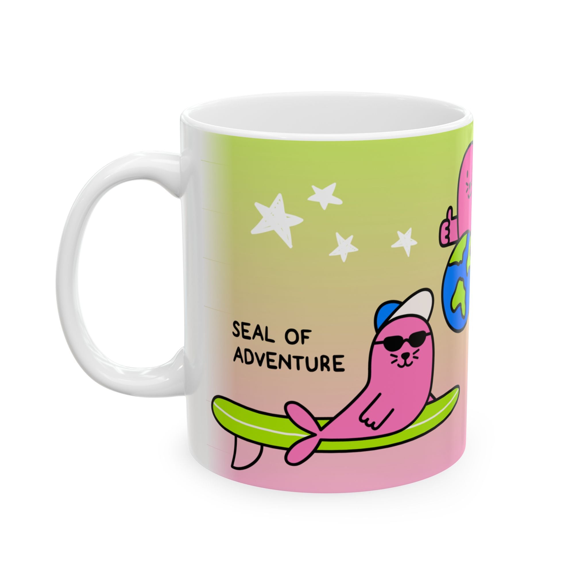 "Three Happy Seals" Mug, Green/Pink