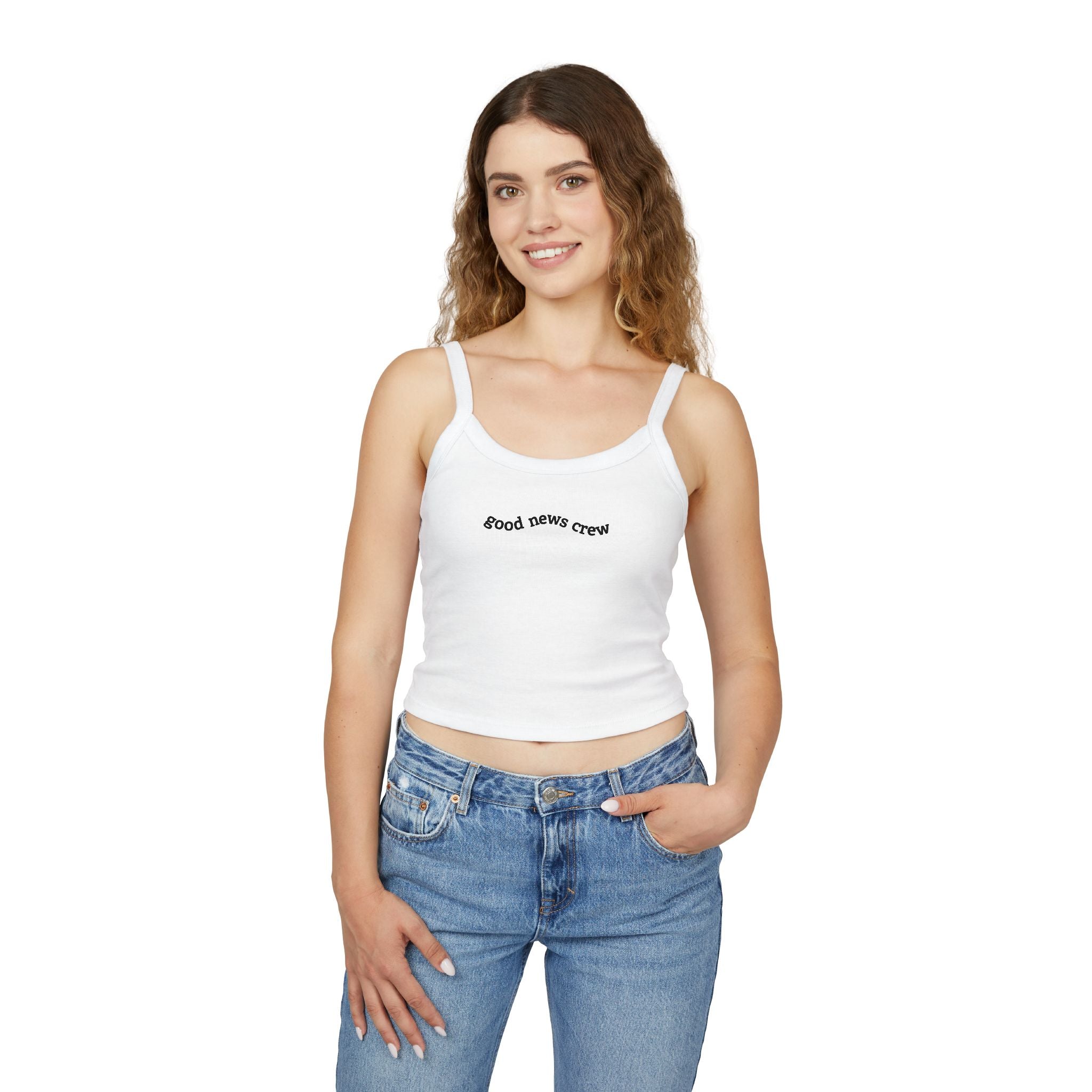 "Good News Crew" Women's Cropped Spaghetti Strap Tank Top