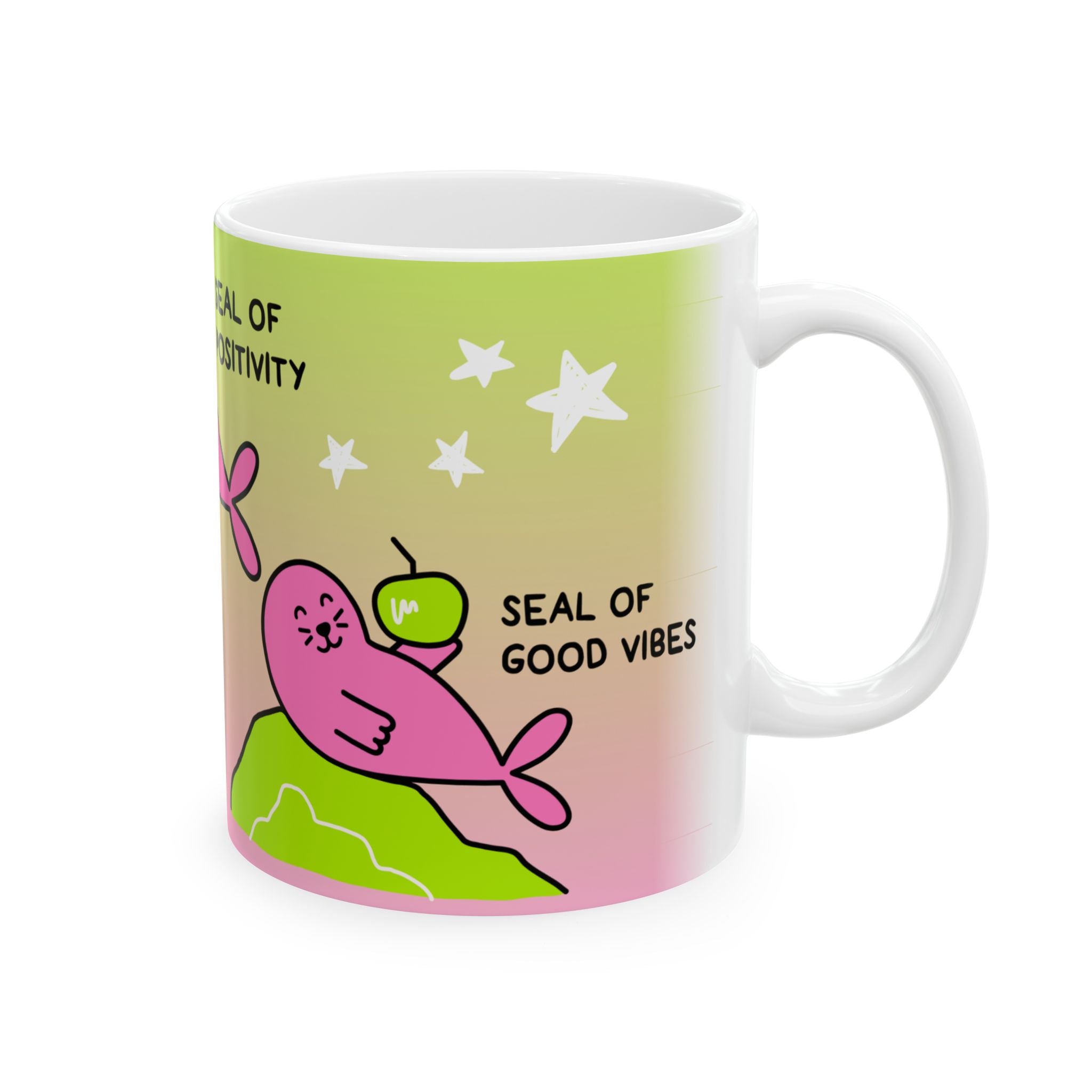 "Three Happy Seals" Mug, Green/Pink