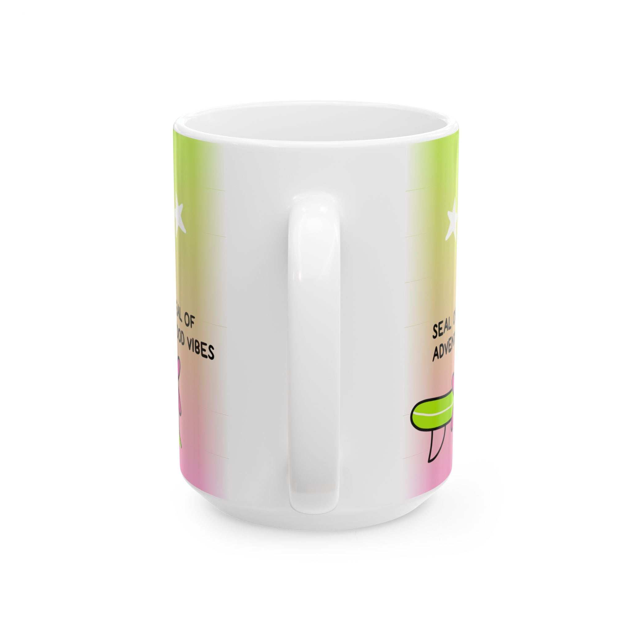 "Three Happy Seals" Mug, Green/Pink