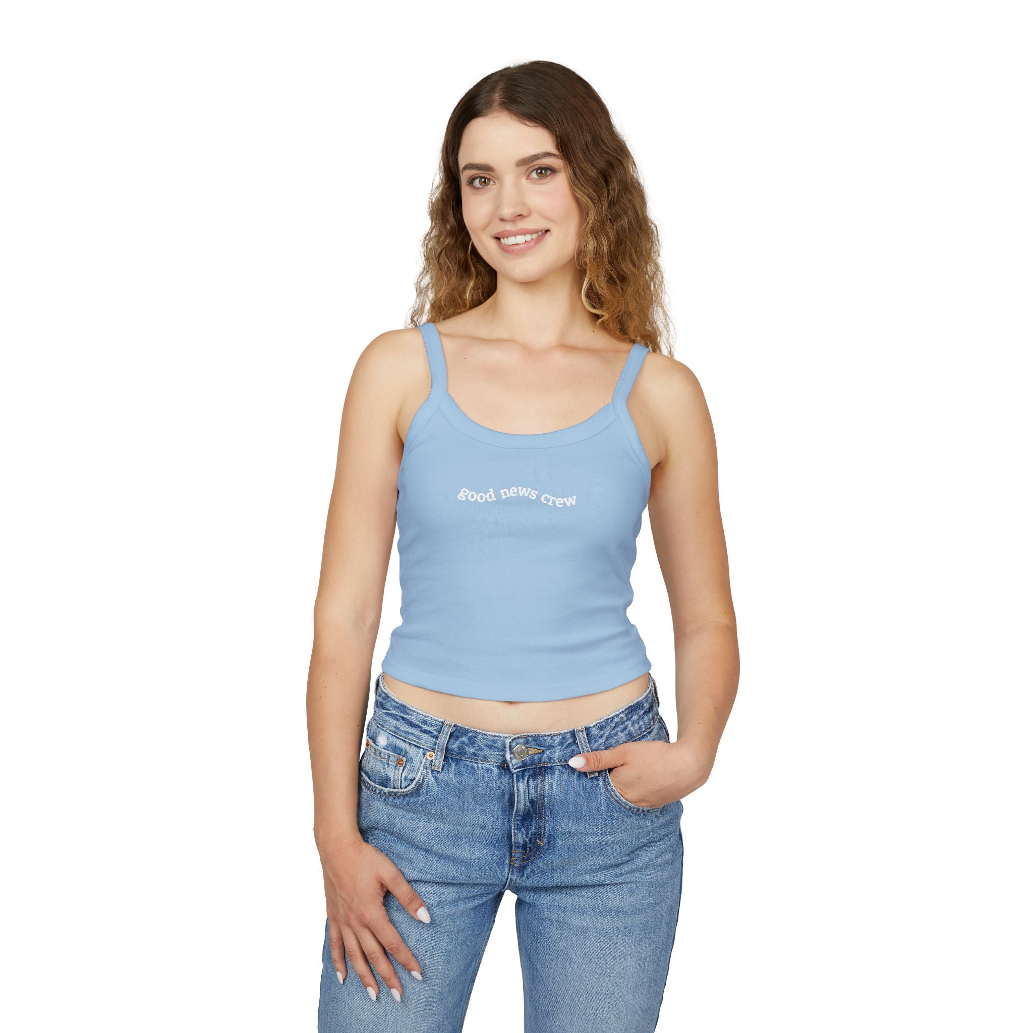 "Good News Crew" Women's Cropped Spaghetti Strap Tank Top