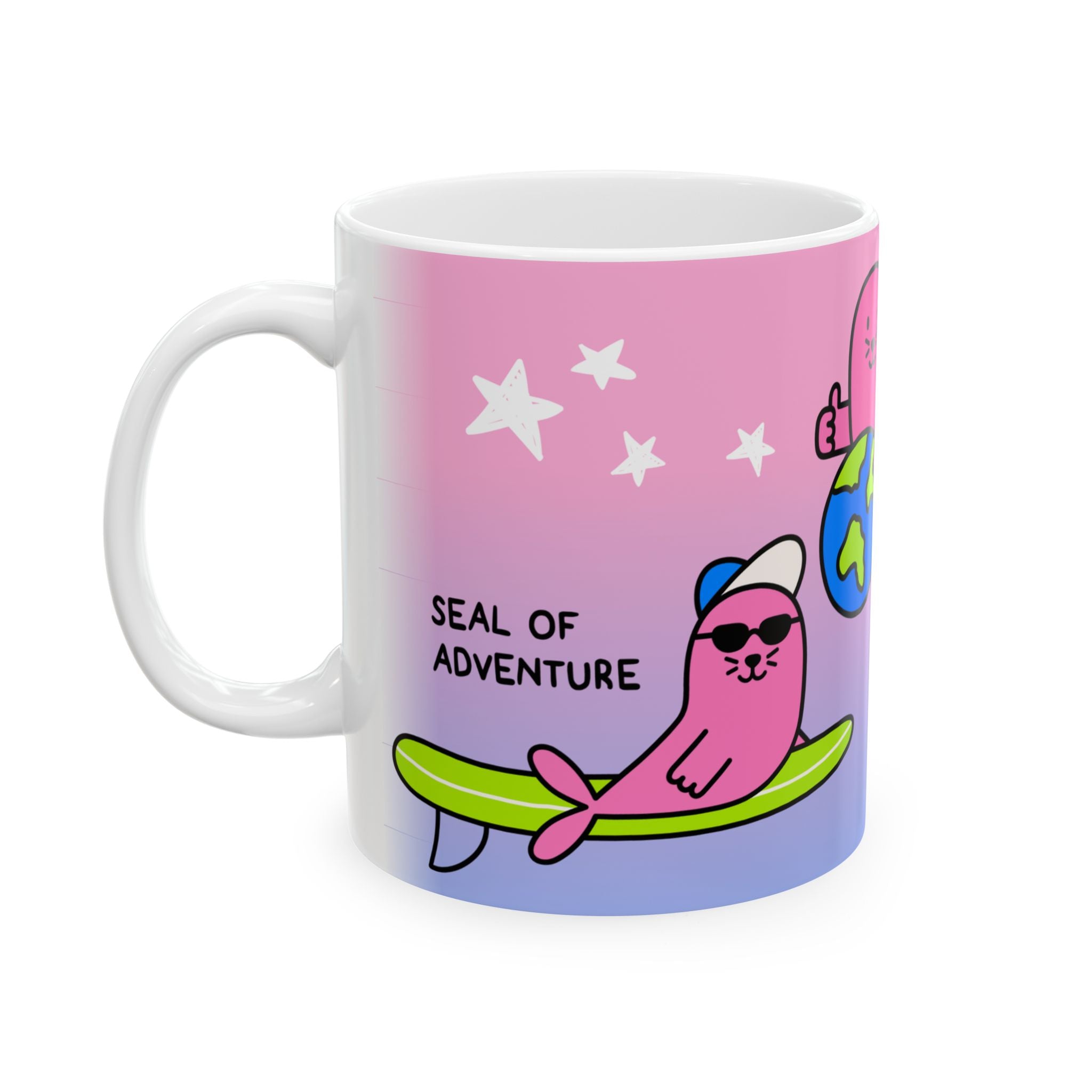 "Three Happy Seals" Mug, Pink/Blue