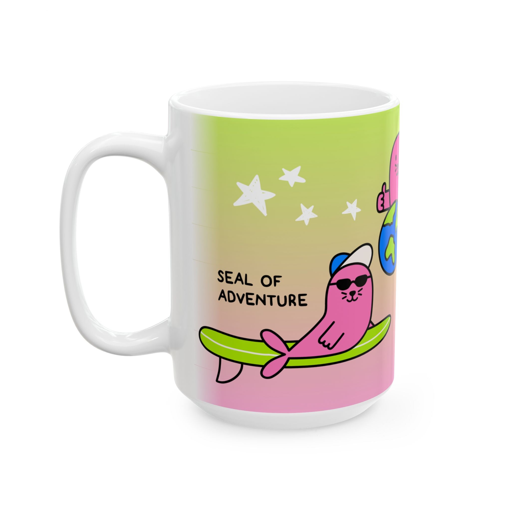 "Three Happy Seals" Mug, Green/Pink