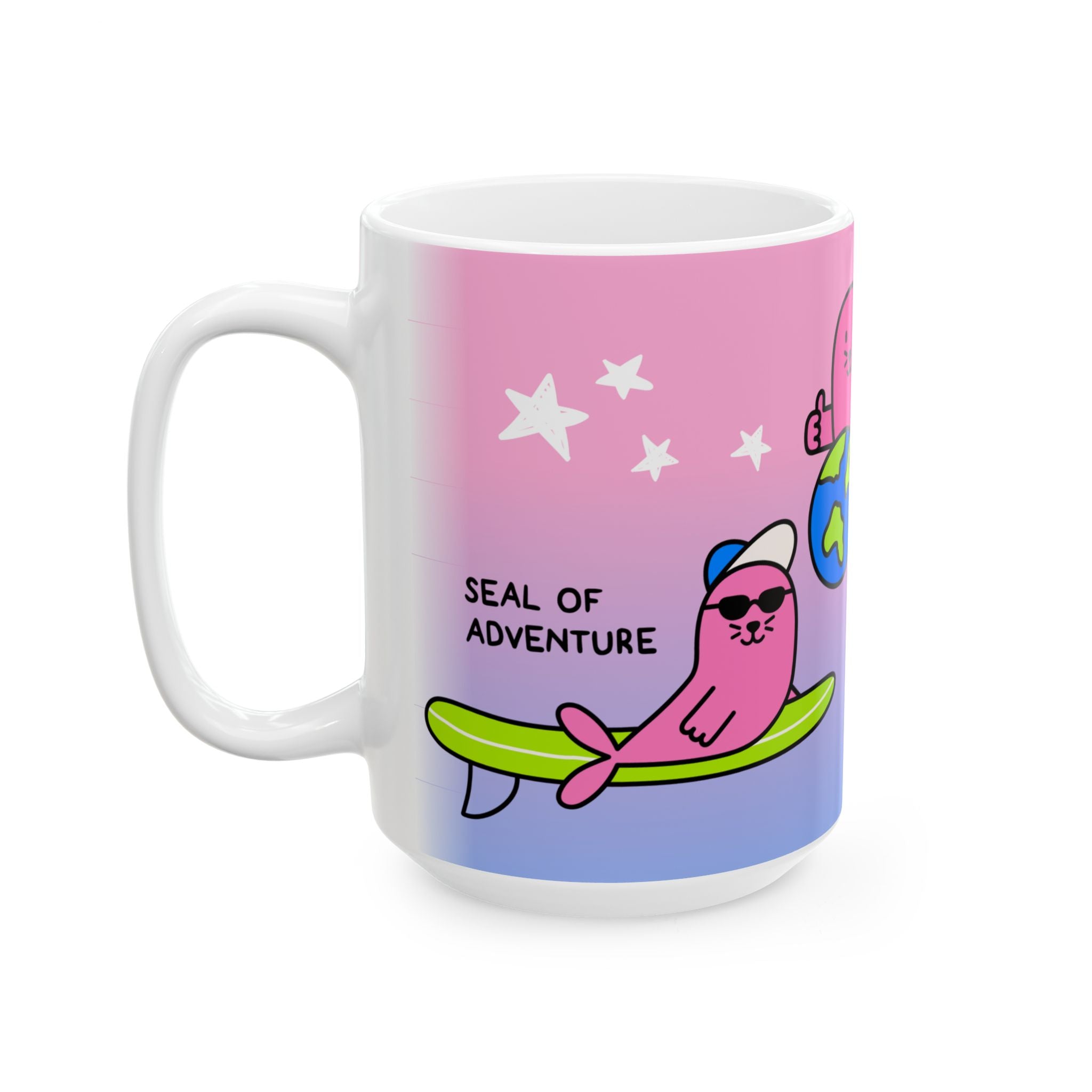 "Three Happy Seals" Mug, Pink/Blue