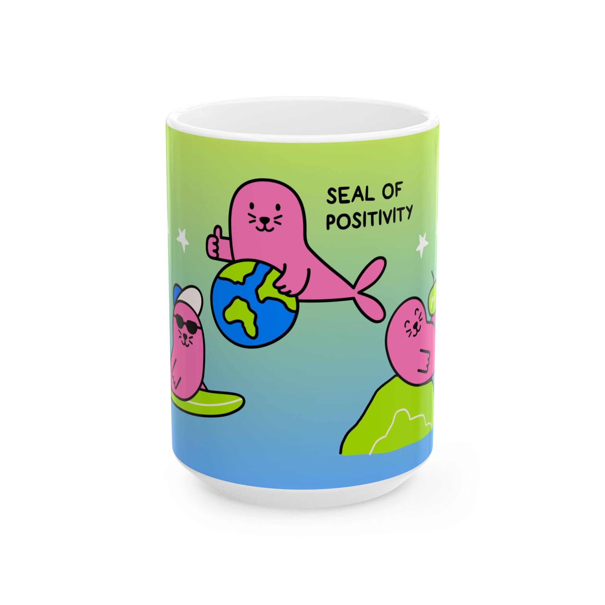 "Three Happy Seals" Mug, Green/Blue