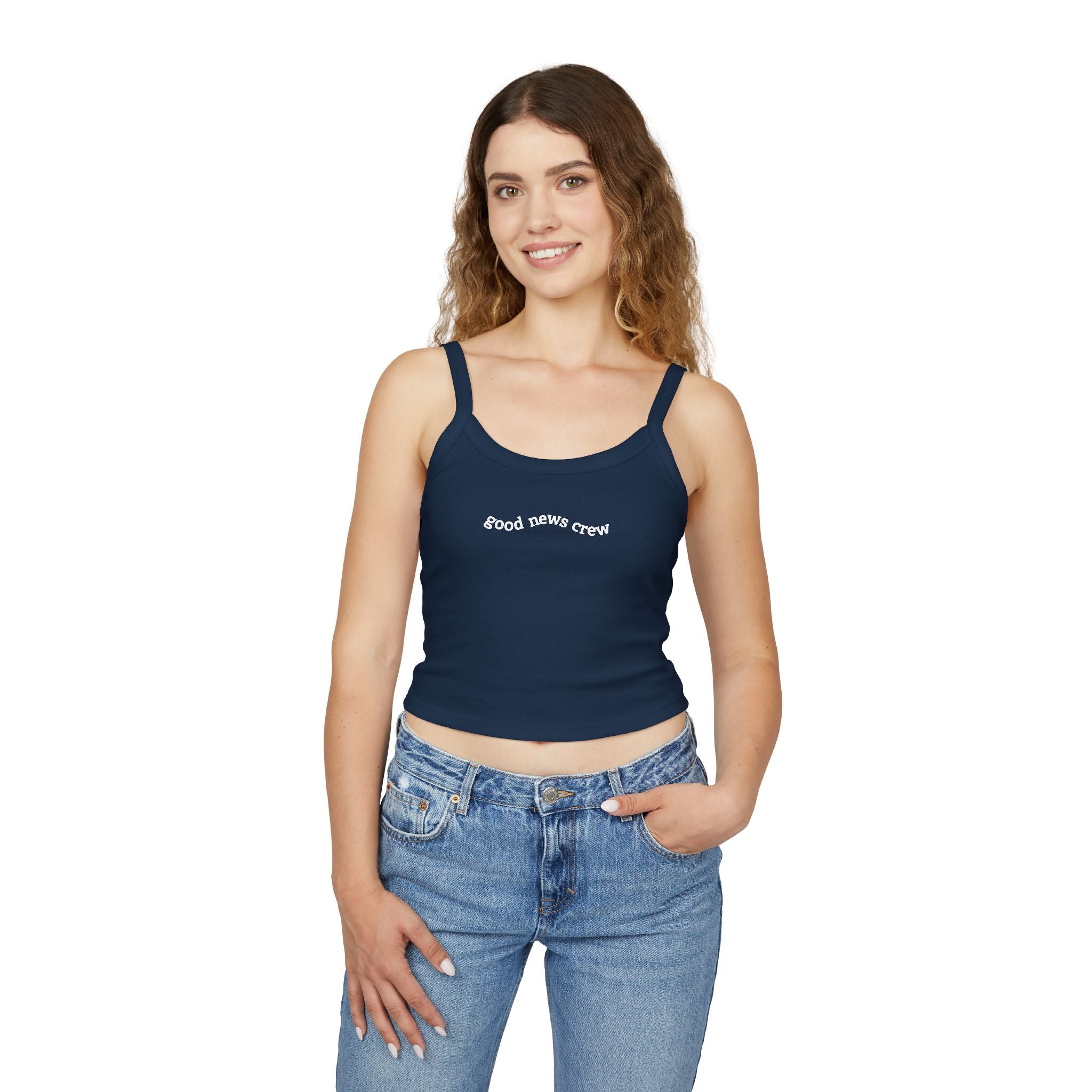 "Good News Crew" Women's Cropped Spaghetti Strap Tank Top