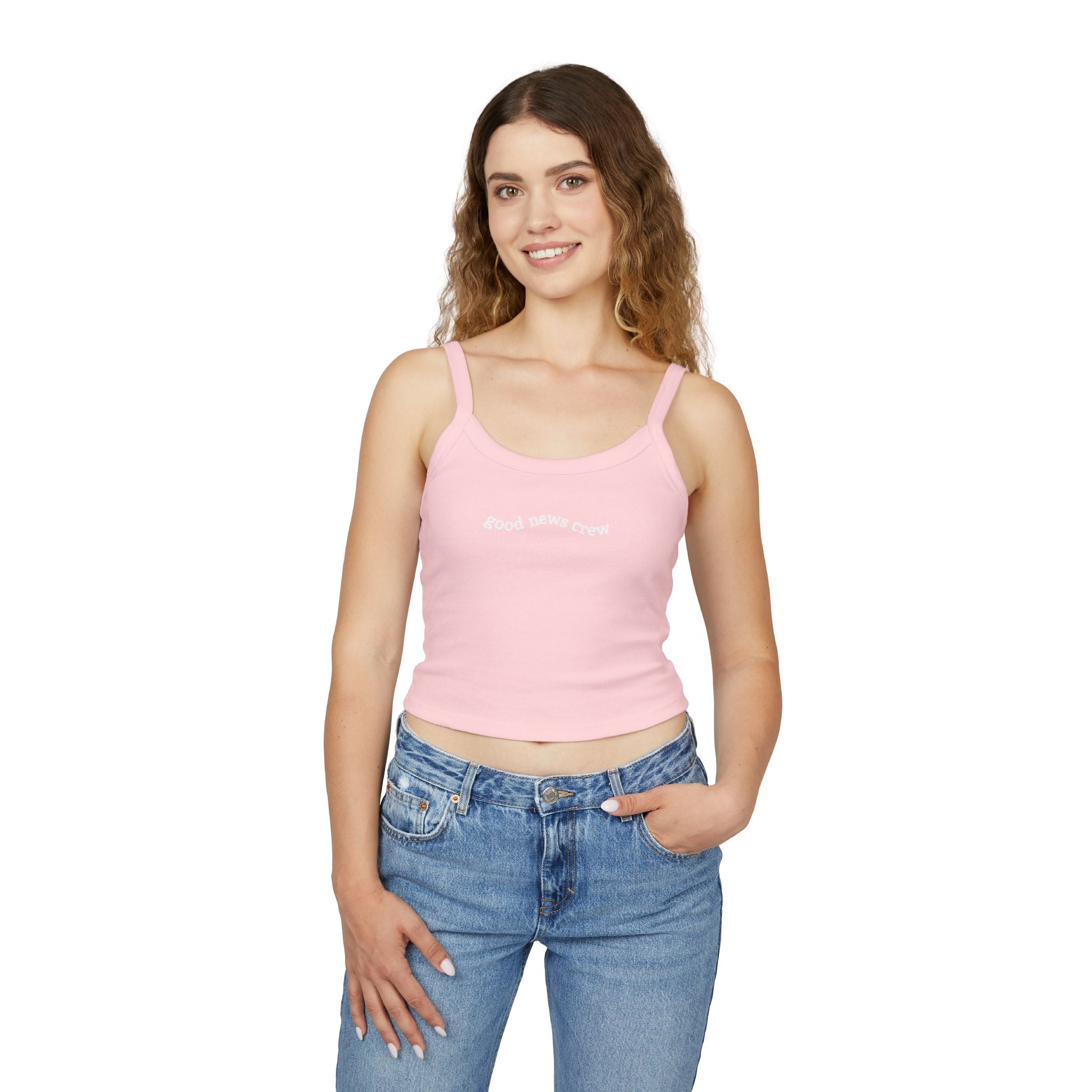 "Good News Crew" Women's Cropped Spaghetti Strap Tank Top