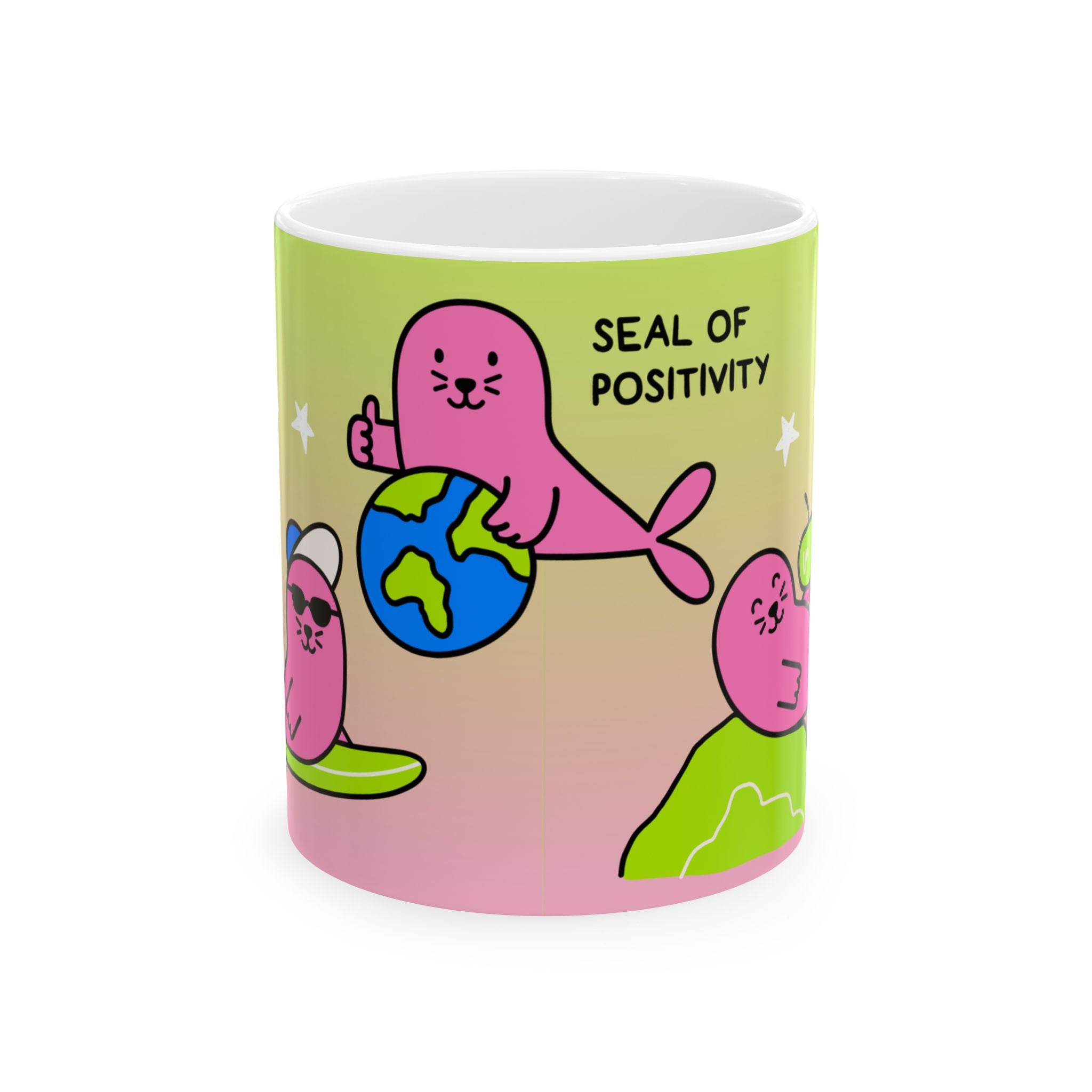 "Three Happy Seals" Mug, Green/Pink
