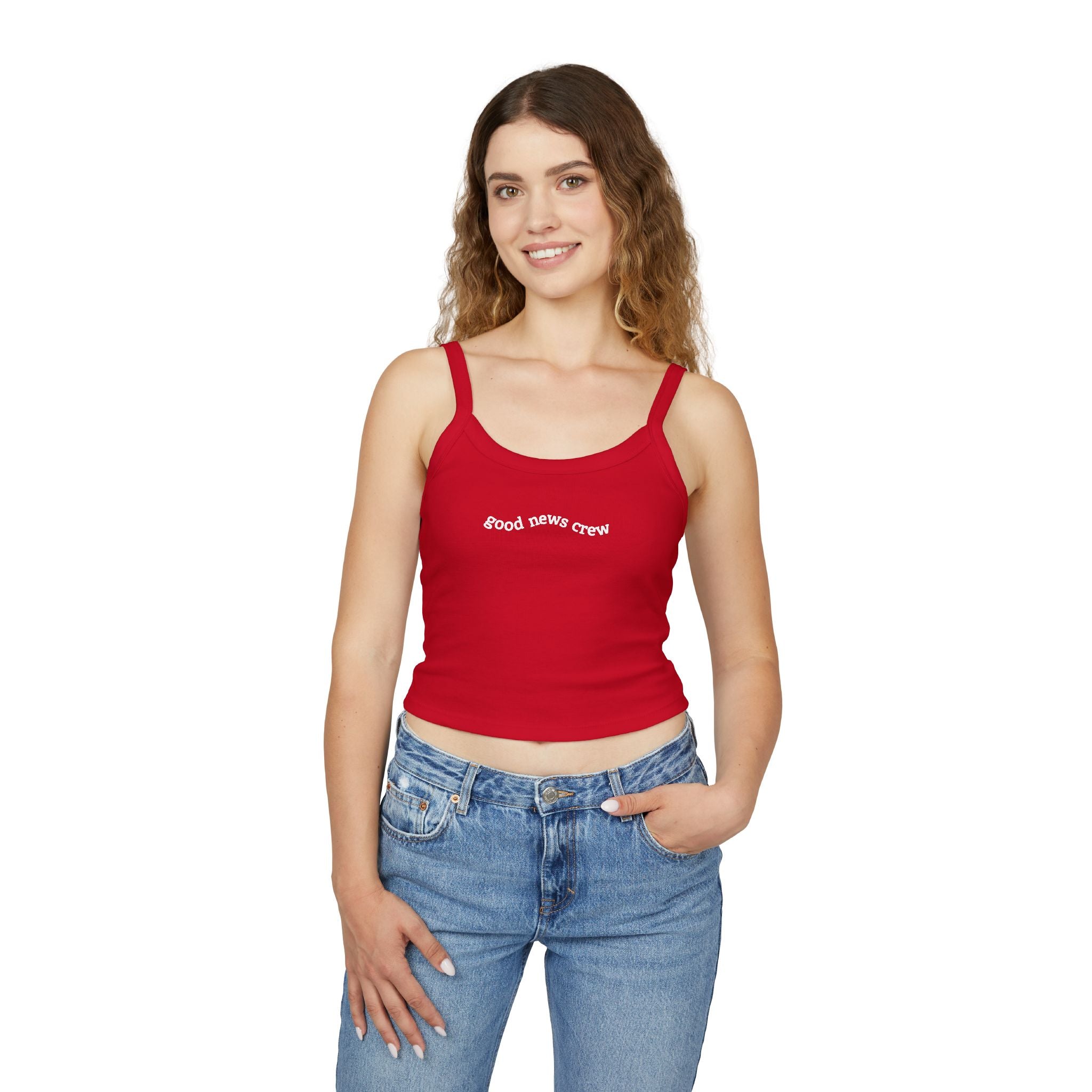 "Good News Crew" Women's Cropped Spaghetti Strap Tank Top