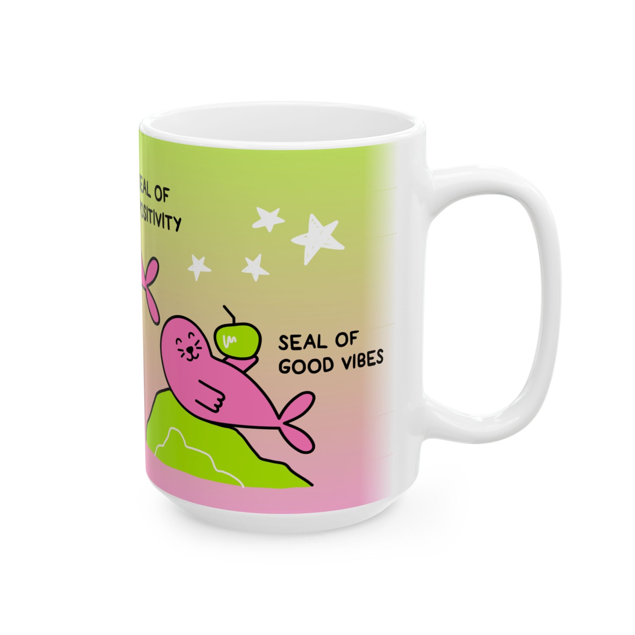 "Three Happy Seals" Mug, Green/Pink