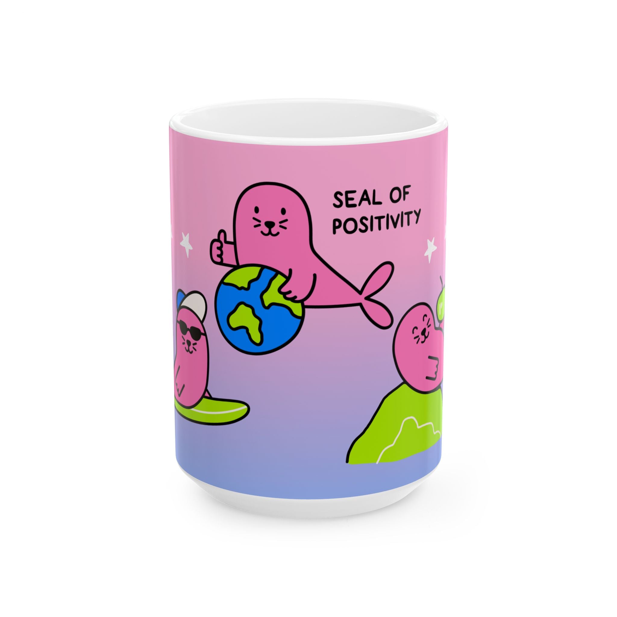 "Three Happy Seals" Mug, Pink/Blue