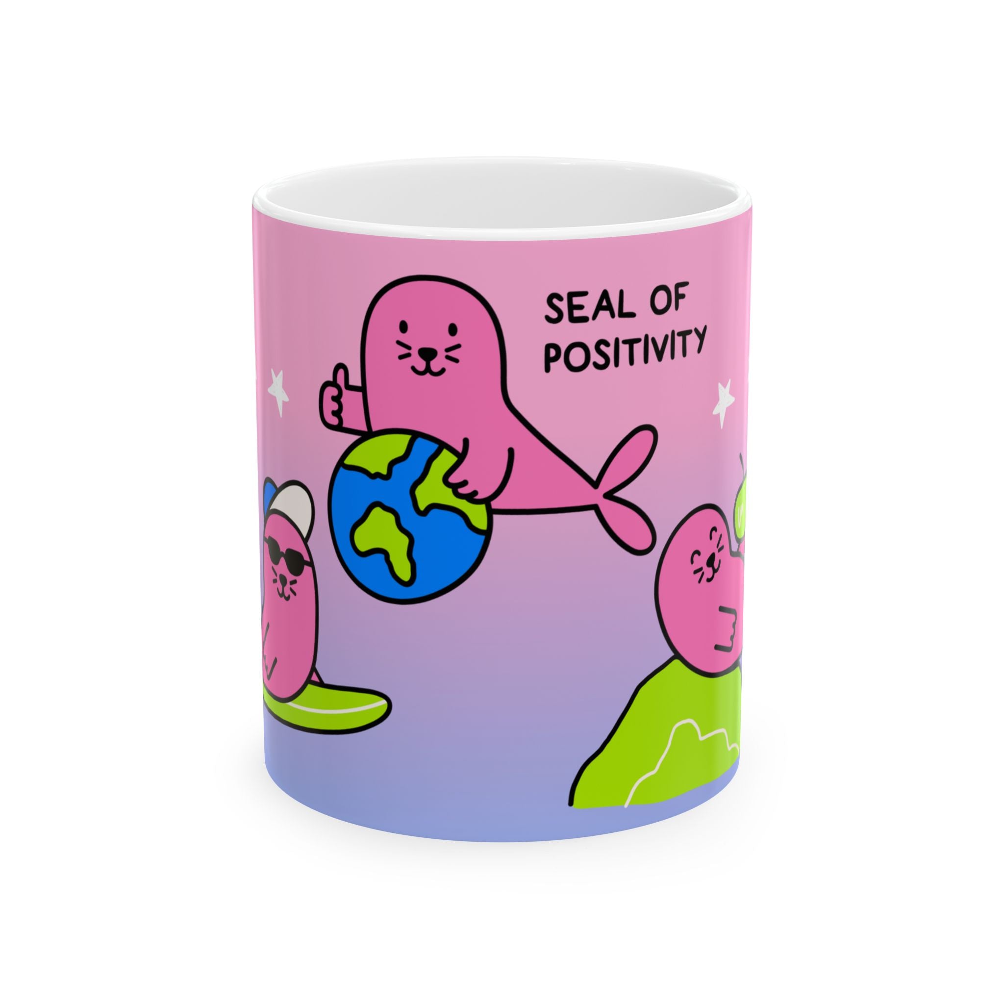 "Three Happy Seals" Mug, Pink/Blue