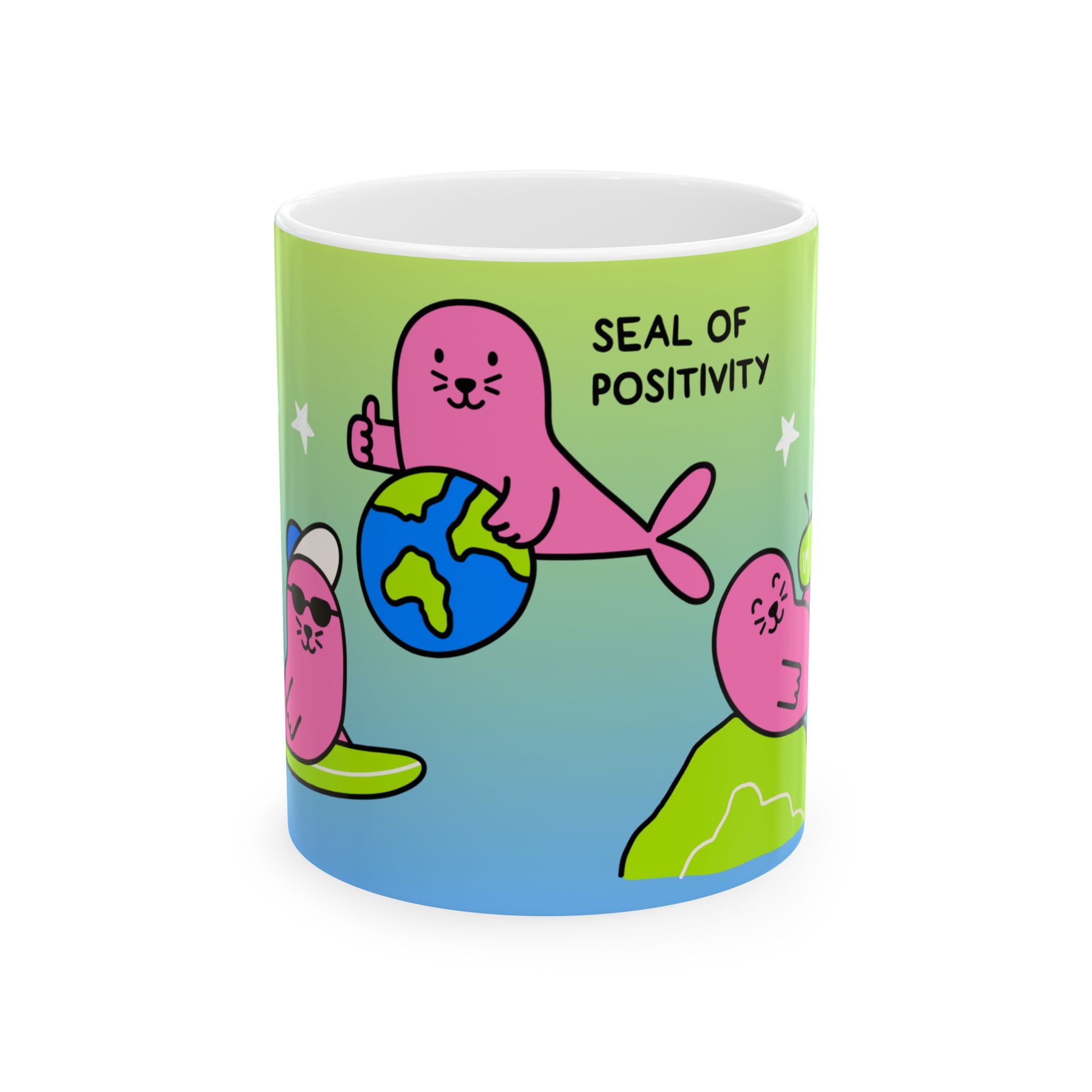 "Three Happy Seals" Mug, Green/Blue