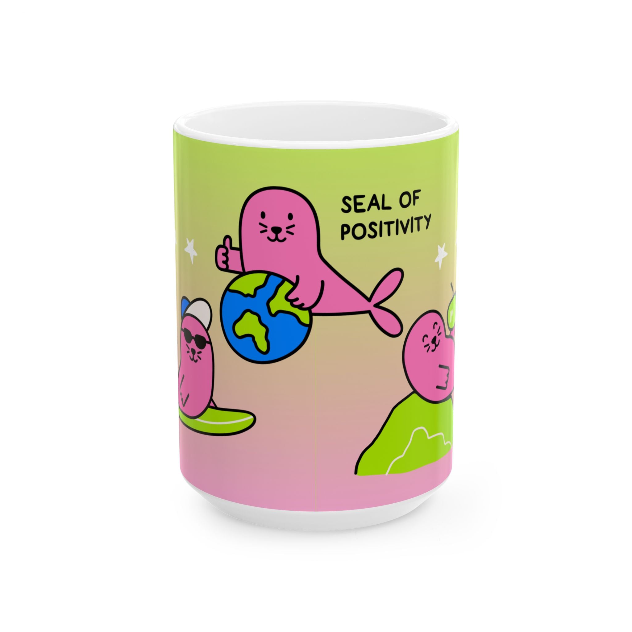 "Three Happy Seals" Mug, Green/Pink